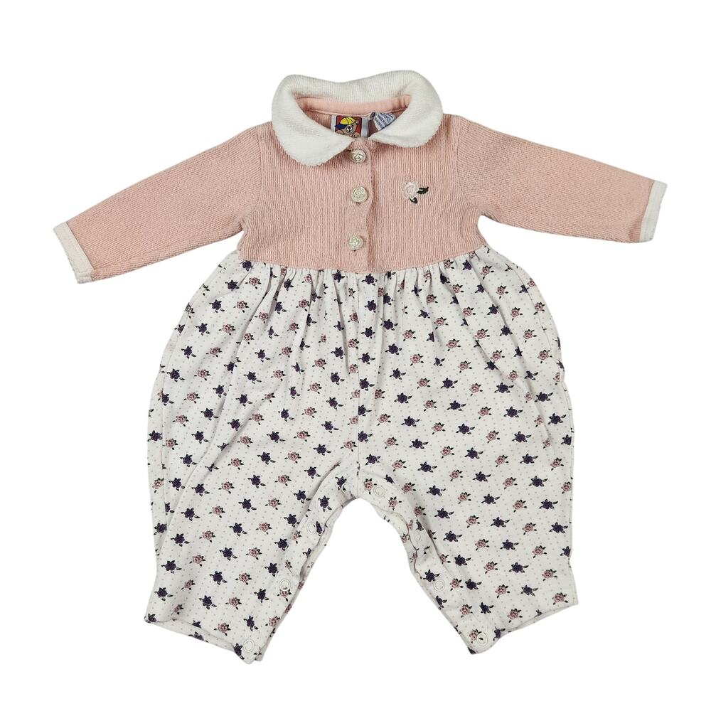 Peek-A-Babe 3/6M Pink Floral Knit Romper Sweater Collar Cottagecore Baby Vintage